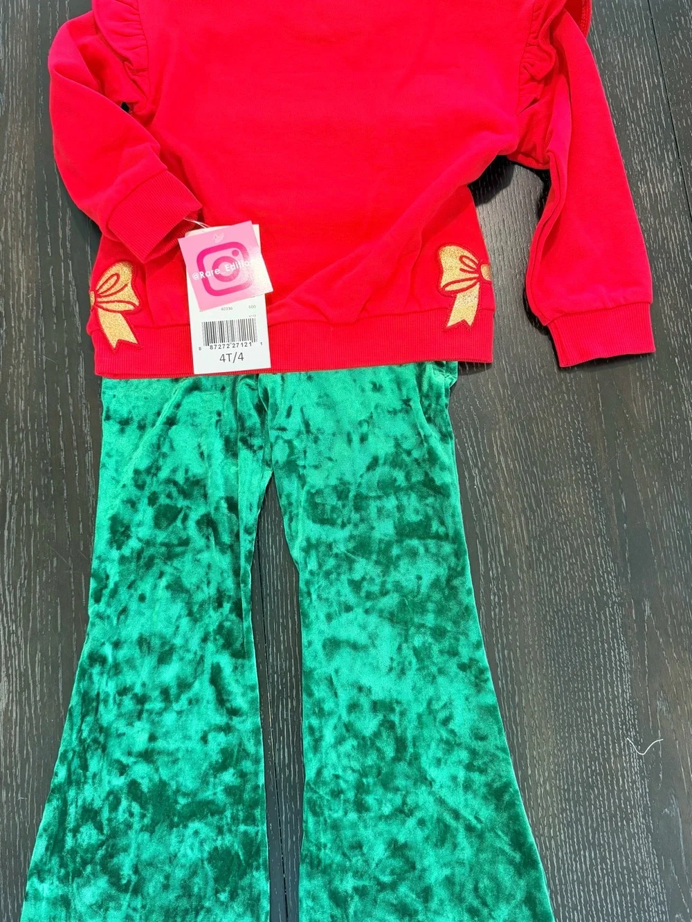 Rare Editions Red “HOLLY JOLLY” Sweater with Green Velvet Pants Holiday Set 4T/4